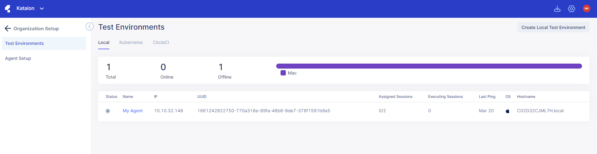 The Test Environments page